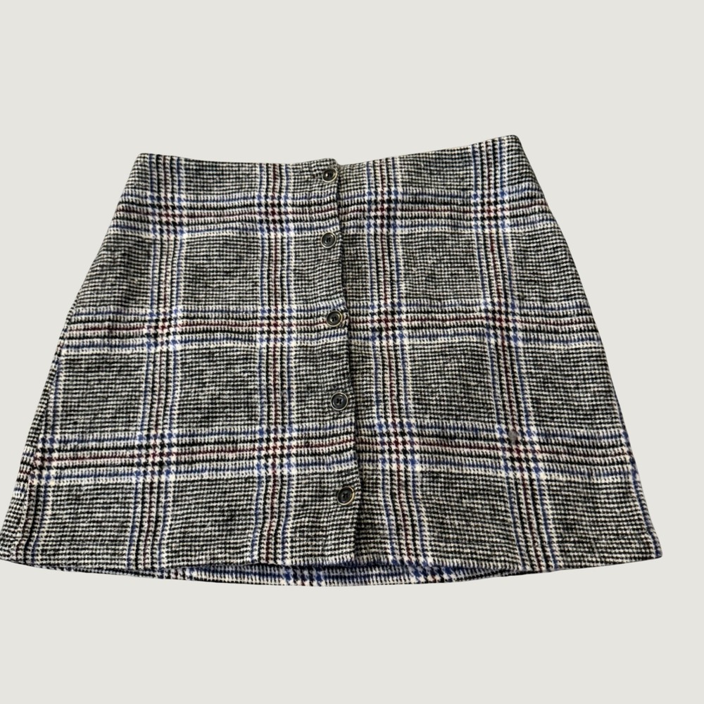 Ivy + Main Plaid Mini Skirt Size M Button Front Polyester A-Line Grey Blue